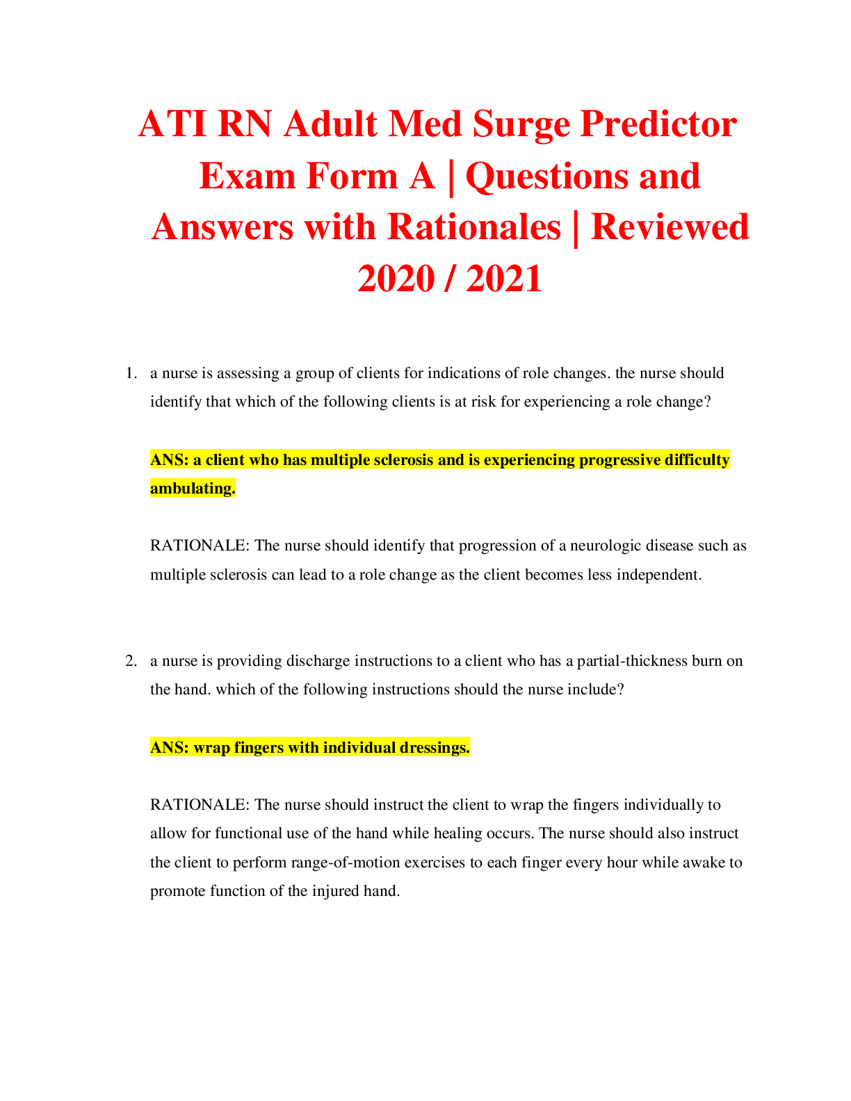 Preview image for ATI RN Adult Med Surge Predictor Exam Form A | Questions and Answers with Rationales | Reviewed 2020 / 2021